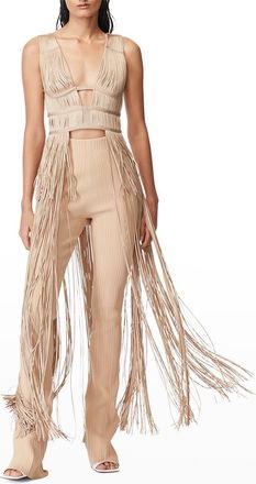H&eacute;rve L&eacute;ger Plunging Long Tiered Fringe Top