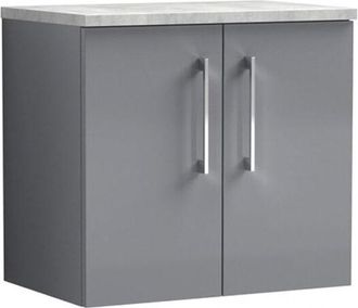 Nuie Arno Wall Hung 2-Door Vanity Unit with Bellato Grey Worktop 600mm Wide - Satin Grey - Nuie