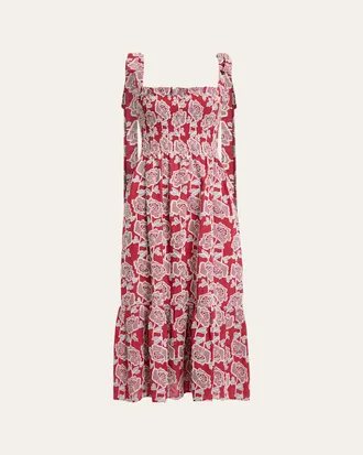 Erdem Floral Embroidered Cotton Smocked Sleeveless Midi Dress