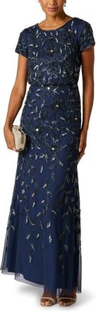 Adrianna Papell Beaded Mesh Gown in Light Navy at Nordstrom, Size 18