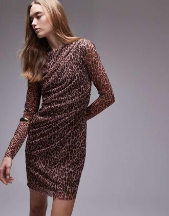 & Other Stories long sleeve mini mesh dress with drape detail in print-Brown