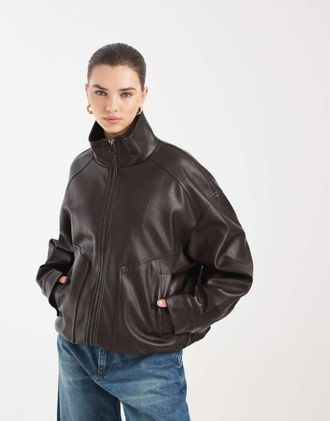 Asos Giacca bomber oversize in pelle sintetica color cioccolato-Marrone