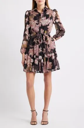 Anne Klein Long Sleeve Floral Chiffon Shirtdress in Anne Black Multi at Nordstrom Rack, Size 14