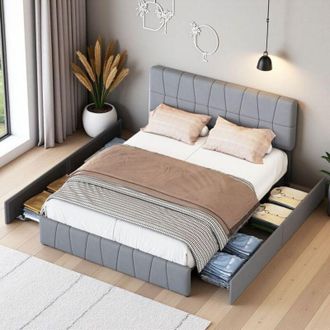 OEM Cama Doble 160x200 - Cama Cofre 4 Cajones - Terciopelo Gris - Estructura De Metal - Confort &Oacute;ptimo