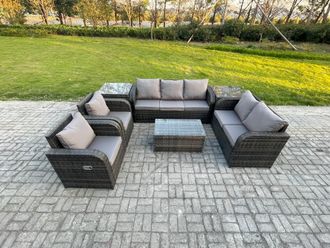 Fimous 7 Seater Rattan Wicker Garden Furniture Patio Conservatory Sofa Set with Rectangular Coffee Table 3 Seater Sofa Love Sofa 2 Side Tables