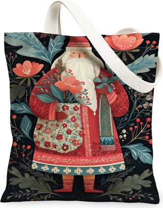 Generic Floral Santa Canvas Tote Bags, Vintage Holiday Design Reusable Grocery Bags, Winter Decorative Lightweight Washable Shoulde, Red, 13x15 Inch