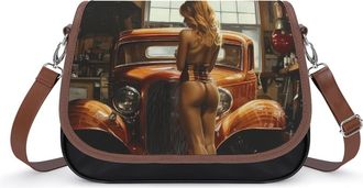 Generic Pinup Women Sexy Hot Rod Car Garage Man Cave Crossbody Bag Womens Handbag PU Message Bags Shoulder Purse with Adjustable Strap