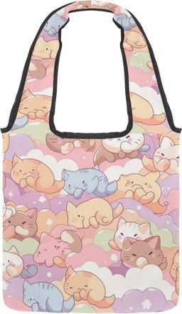 Generic Colorful Cartoon Kitten Reversible Canvas Shoulder Tote - Double-Sided Print, 12oz Cotton, 27cm Drop, Fold-Flat Bag for Travel, Shopping, Street Outin