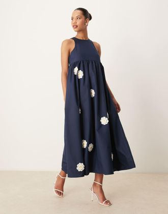 Sister Jane Sister Jane Womens Dream empire waist embroidered flower midi dress in navy - Blue - Size X-Small