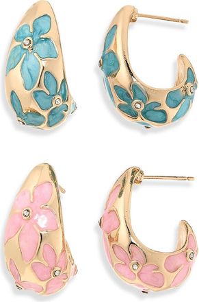 Natasha Set of 2 Flower Assorted Hoop Earrings in Blue/Blush at Nordstrom Rack