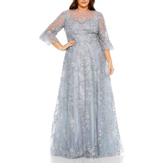 Mac Duggal High Neck Flutter Sleeve Embroidered A Line Gown in Platinum at Nordstrom, Size 20W