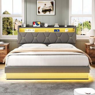 Merax Grey Upholstered Bed with LED, Hydraulic Storage, Charging Station | Size: King