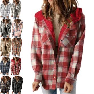 Generic Hivebabe Flannel Fleece Lined Shirt Womens Long Sleeve Button Down Fleece Hooded Jackets Warm Coat (Red,XX-Large)