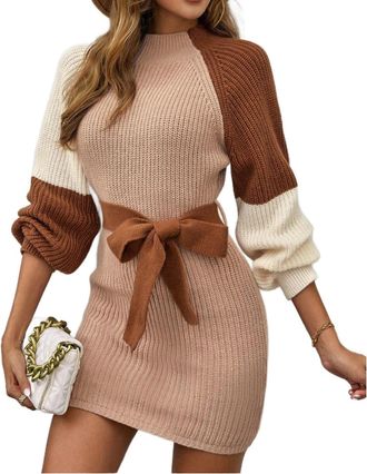 Generic Elegant Belted Colour Block Knitwear Dress for Women Long Sleeve Fitted Jumper Dresses