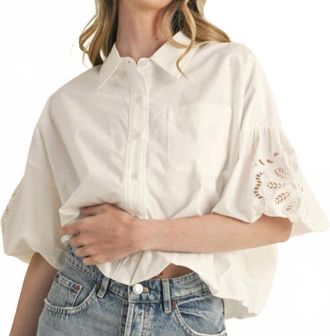 Merci Cut Out Embroidered Bubble Sleeve Top In White