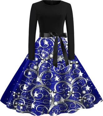 Generic Christmas Dresses For Women Uk, Christmas Dress 50S WomenS 50S Retro Vintage Rockabilly Heart Shaped Neck Long Sleeve A-Line Cocktail Party Elegant Dr