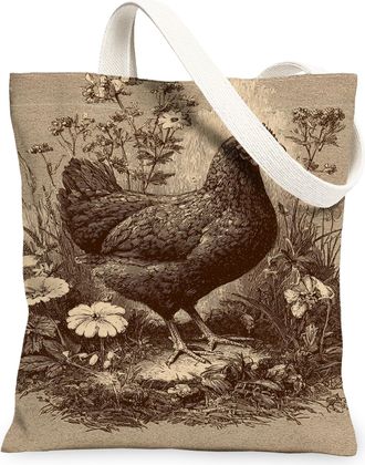 Generic Vintage Chicken Canvas Tote Bags, Rustic Farm Animal Pattern Reusable Grocery Bags, Lightweight Washable Shoulder Strap Tot, Beige, 13x15 Inch