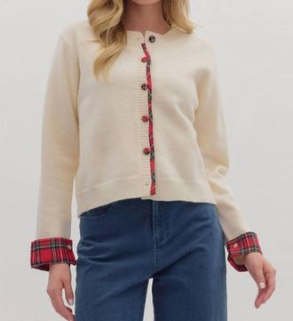 Entro Mary Plaid Trim Cardigan In Cream/red