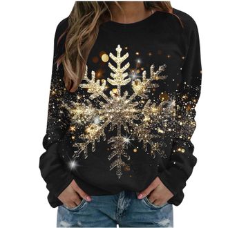 Generic Christmas Jumper Womens Long Sleeve Ladies Jumpers Size 14 Crewneck Xmas Jumpers for Women Oversized Womens Sweatshirts Snowflakes Print Blouses for W