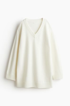 H&M Strickkleid mit V-Ausschnitt - Weiss