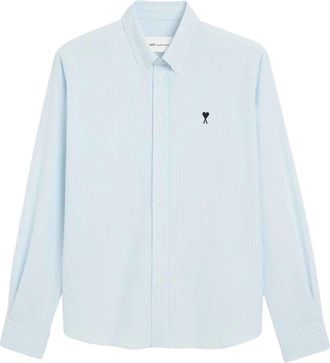 Ami Gestreepte Katoenen Overhemd met Ami de Coeur - Heren - Casual Overhemden - Blauw - XL - Katoen - Overhemden