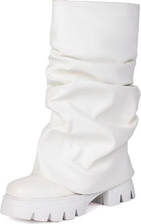 Generic Womens Block Heel Platform Boots Round Toe PU Leather Mid-Calf Boots Pull on Western Cowboy Boot,White,3.5 UK