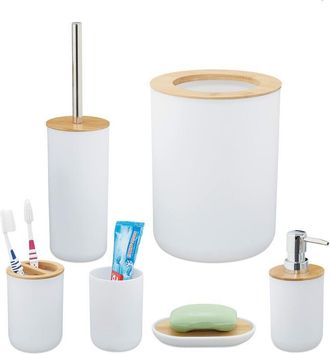 Relaxdays Bagno Completo, 6, bamb&ugrave;, Kit wc, Porta-Spazzolino, Dentifricio, Sapone e Saponetta, Bianco, Set da 6X Accessori - Relaxdays