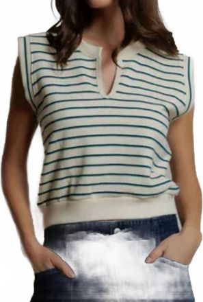 perfectwhitetee Sloane Terry Muscle Tank In Teal Navy Stripe