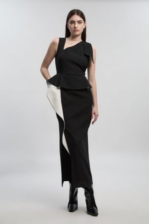 Karen Millen Womens Compact Stretch Ruffle Peplum Belted Pencil Midi Dress - Monochrome Multi - Size 14 UK