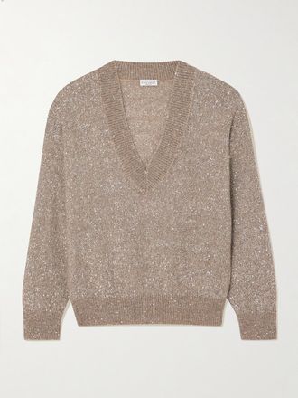 Brunello Cucinelli Pullover In Maglia Con Paillettes - Marrone