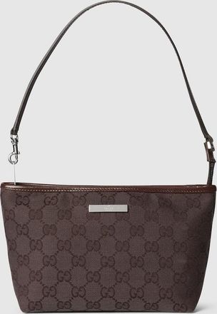 Gucci Small Pouch With Strap And Gucci Plaque, Beige, GG Canvas