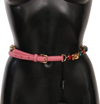 Dolce & Gabbana Roze Leren Kristal Gouden Gesp Riem