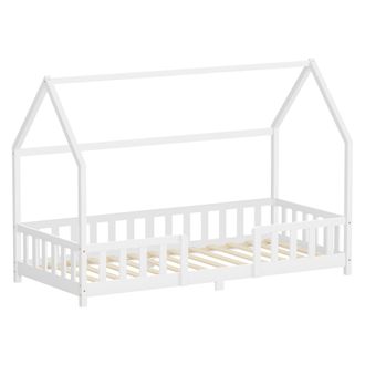 ML Design Ml-design Cama Infantil 90x200 Cm En Forma De Casa, Madera Maciza De Pino Blanco Con Protecci&oacute;n Antica&iacute;da, Techo Y Somier De L&aacute;minas, Cuna De Suelo Pa