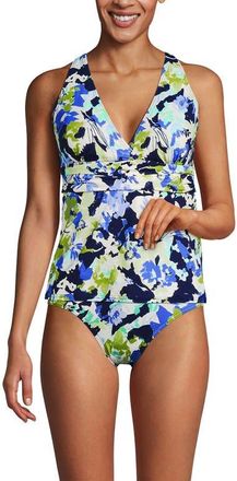Lands End Plus Size V-Neck Plunge X Back Tankini Top in Deep Sea Navy Multi Floral at Nordstrom, Size 2X