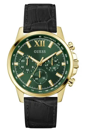 Guess Walker Green Dial Multifunction Leather Strap Watch, 44mm in Black at Nordstrom