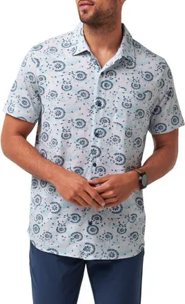 Travis Mathew Flourish Floral Medallion Short Sleeve Stretch Cotton & Modal Blend Button-Up Shirt in White at Nordstrom, Size Large