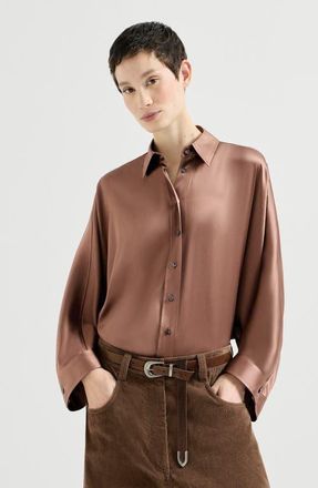 Brunello Cucinelli Stretch silk satin shirt with monili in Dattero at Nordstrom, Size Xxx-Large
