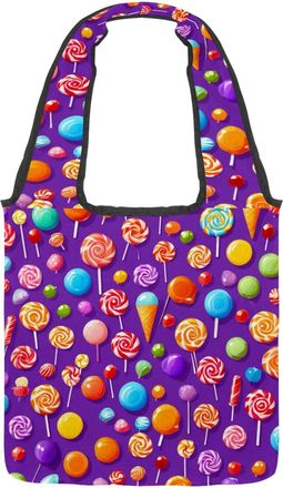 Generic Purple Candy Pattern Reversible Canvas Shoulder Tote - Double-Sided Print, 12oz Cotton, 27cm Drop, Fold-Flat Bag for Travel, Shopping, Street Outings