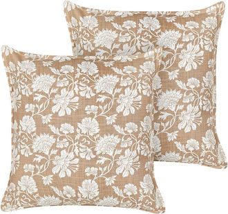Beliani Beliani - Conjunto De 2 Cojines De Algod&oacute;n Decorativos Hechos A Mano Estampado Floral Cuadrado 45 X 45 Cm Beige Y Blanco Notelea