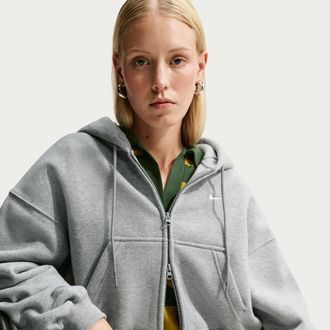 Nike Womens Studio Fleece Medium Weight Oversized Full-Zip Cropped Hoodie in Grey | IM8499-063
