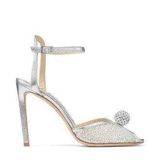 Jimmy Choo London Sacora 100mm Glitter Tule Heel Sandals, Brand Size 34.5 ( US Size 4.5 )