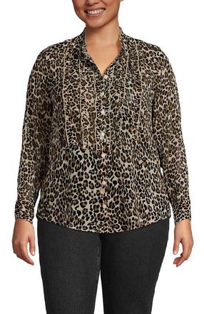 Lands End Chiffon Ruffle Front Long Sleeve Top in Champagne Animal Spots at Nordstrom, Size 3 X