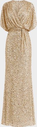 Mac Duggal Sequined Draped-Sleeve Gown
