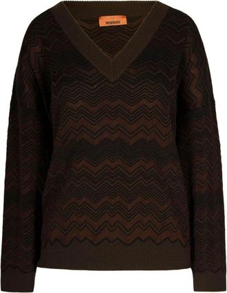 Missoni V-hals Trui met Chevronpatroon - Dames - V-hals truien - Bruin - XL - Nylon - Truien & Vesten