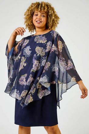 Roman Paisley Chiffon Overlay Asymmetric Dress