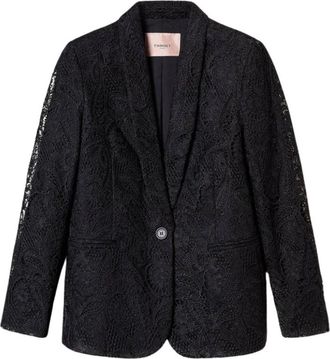 Twinset Giacca blazer in pizzo macram&egrave; - Dames - Blazers - Zwart - 2XL - Leer - Jassen