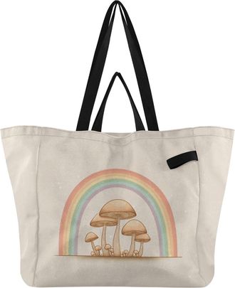 Generic Mushroom Beige pattern Reusable Canvas Tote Bag, Heavy Duty Grocery Shopping Bag with Double Handles Large Capacity Hard Bottom Work Groceries Travel
