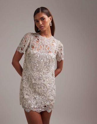 Asos Vestito corto a trapezio decorato con paillettes e cut-out color avorio-Bianco