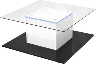STILVORA Mesa De Centro Con Ruedas Y Tira Led, Tablero De Vidrio Templado, Acabado Brillo Blanco Y Negro, 80&times;80&times;40 Cm