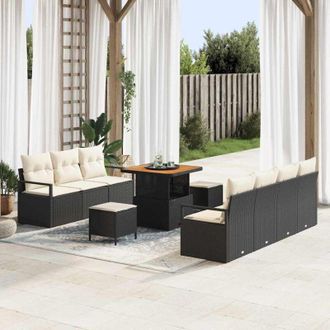 vidaXL Vidaxl - Conjunto De Sof&aacute; De Jard&iacute;n Con Coj&iacute;n 10 Pcs Negro Polirat&aacute;n